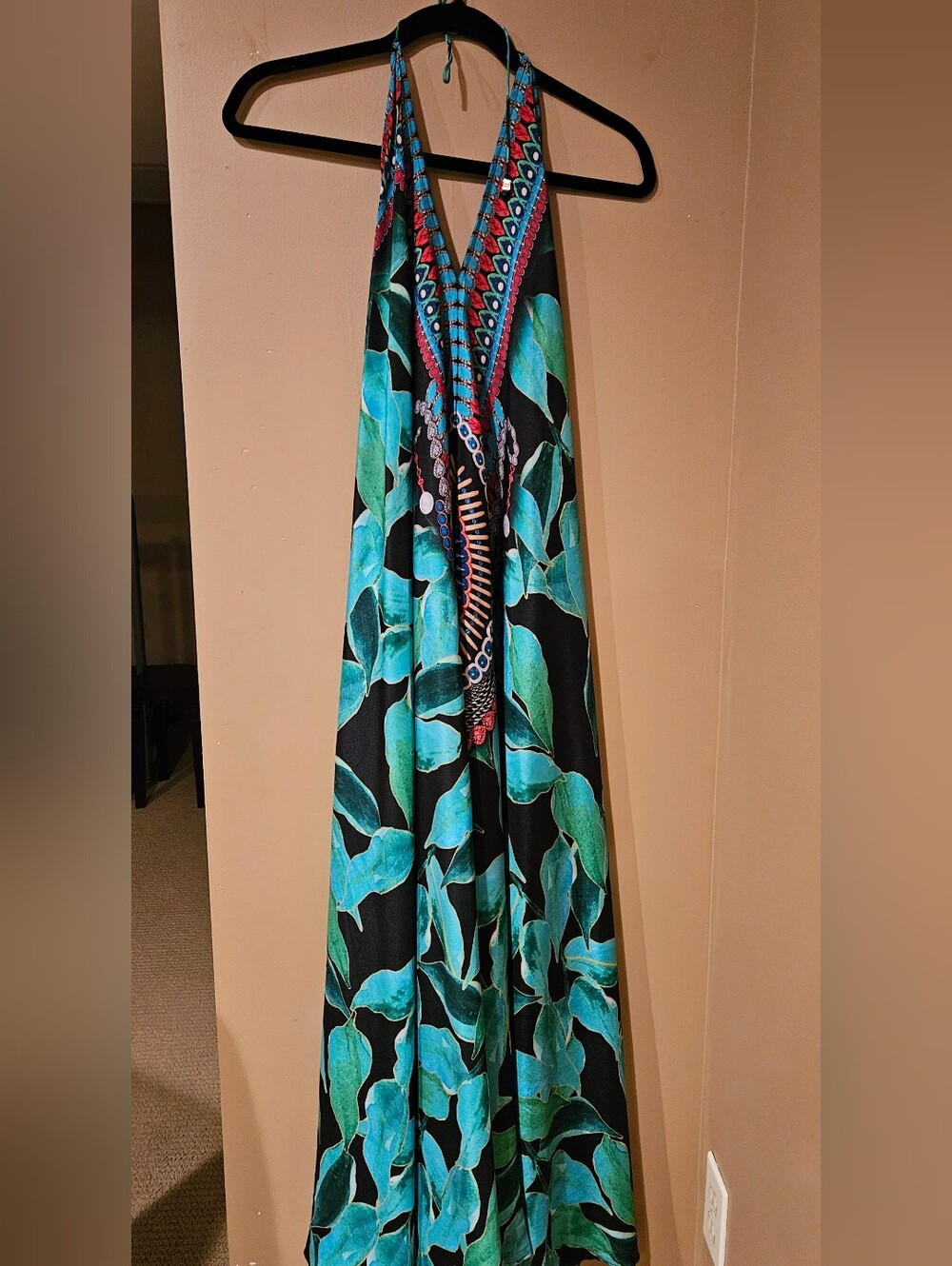 Black Maxi Halter  Dress with Turquoise Leaf Print and Red Accents. Low Back.